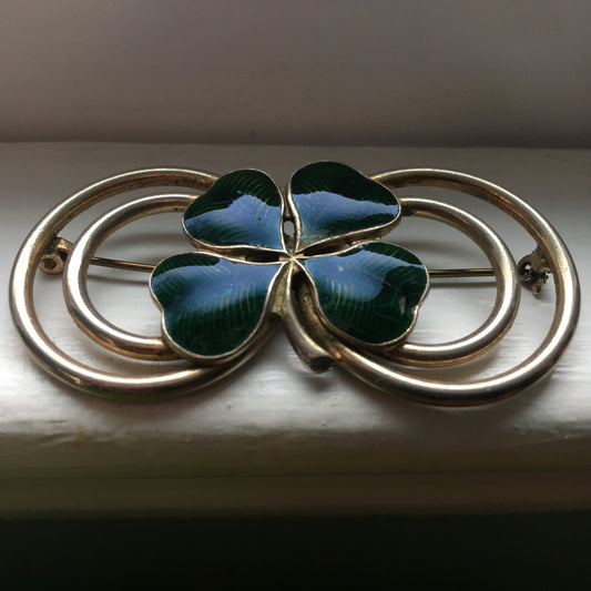 Green Enamel Shamrock Pin with Silver Rings