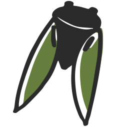 Cicada logo showing an insect with green wings