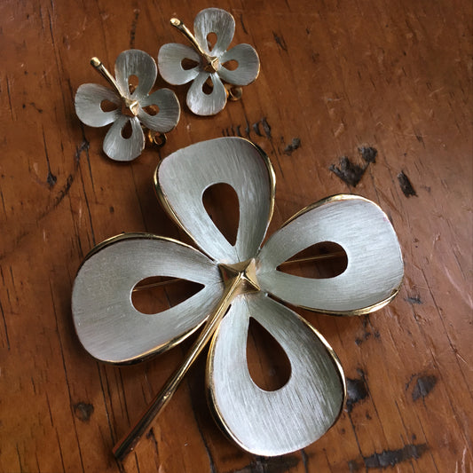 Brushed Silver & Gold Shamrock Vintage Pin & Earring Set