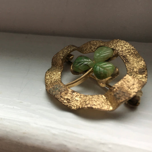 Jade and Hammered Gold Shamrock Pin
