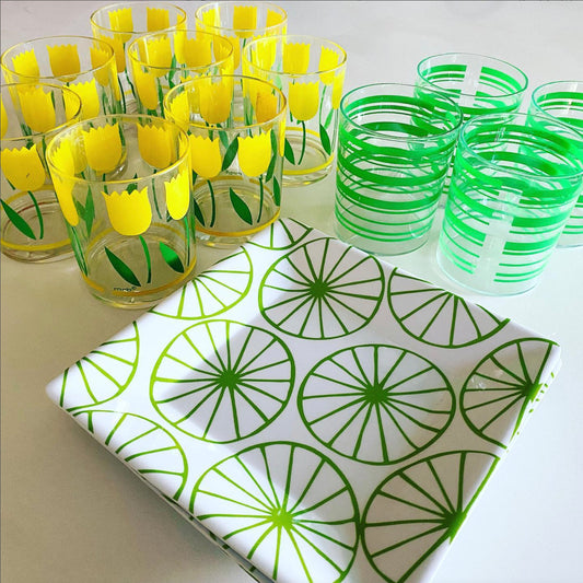 Yellow & Green Tulip Drinking Glasses (Set of 8)